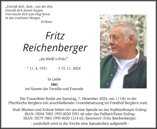 Todesanzeige von Fritz Reichenberger von merkurtz