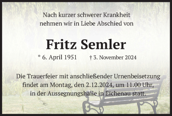 Todesanzeige von Fritz Semler von merkurtz