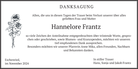 Todesanzeige von Hannelore Frantz von merkurtz
