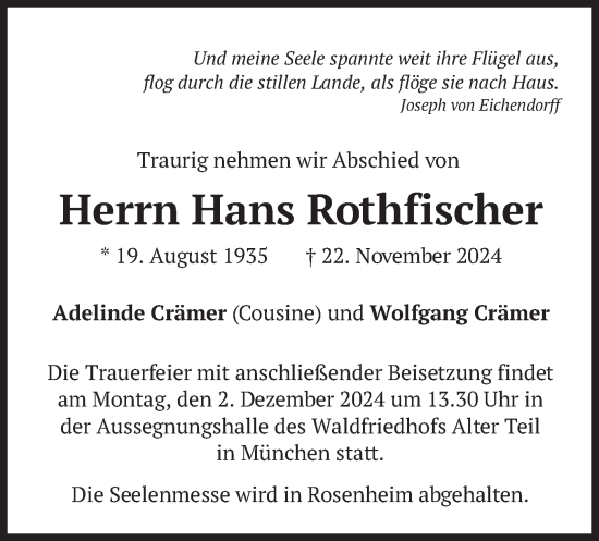 Todesanzeige von Hans Rothfischer von merkurtz