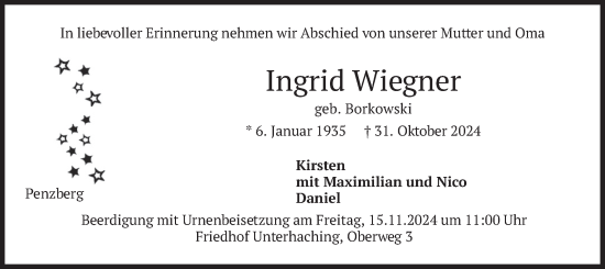 Todesanzeige von Ingrid Wiegner von merkurtz