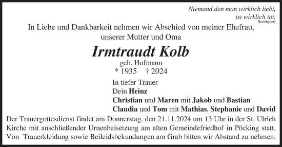 Todesanzeige von Irmtraudt Kolb von merkurtz
