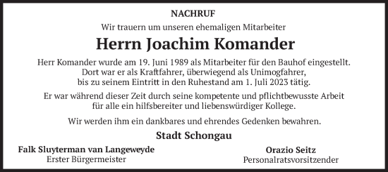 Todesanzeige von Joachim Komander von merkurtz