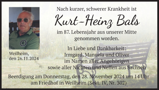Todesanzeige von Kurt-Heinz Bals von merkurtz