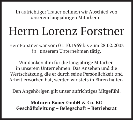 Todesanzeige von Lorenz Forstner von merkurtz