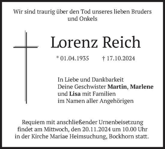 Todesanzeige von Lorenz Reich von merkurtz