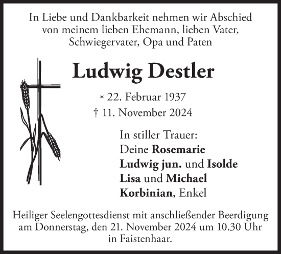 Todesanzeige von Ludwig Destler von merkurtz
