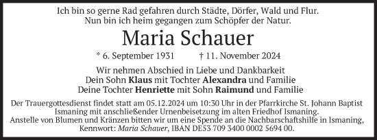 Todesanzeige von Maria Schauer von merkurtz