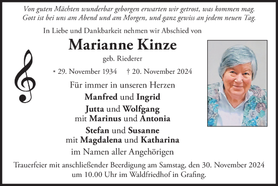 Todesanzeige von Marianne Kinze von merkurtz