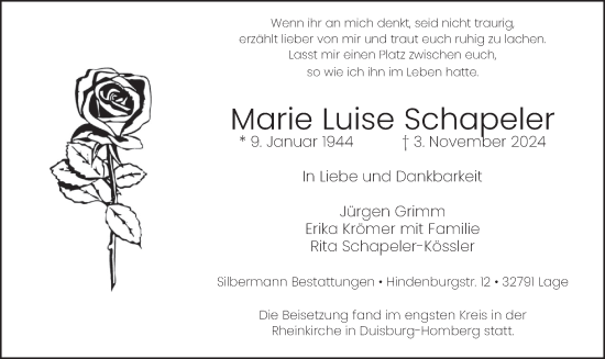 Todesanzeige von Marie Luise Schapeler von merkurtz