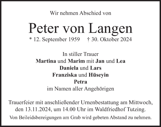 Todesanzeige von Peter von Langen von merkurtz