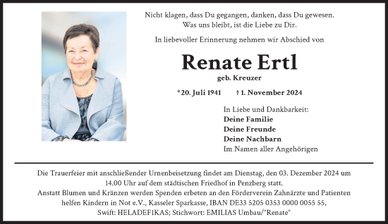Todesanzeige von Renate Ertl von Das Gelbe Blatt Penzberg