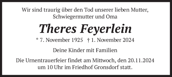 Todesanzeige von Theres Feyerlein von merkurtz