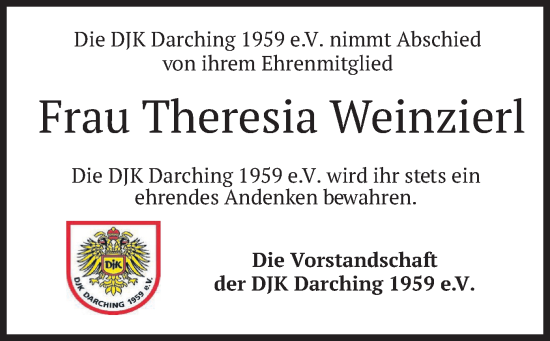 Todesanzeige von Theresia Weinzierl von merkurtz