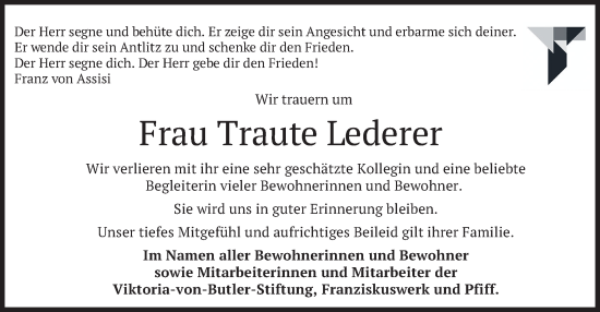 Todesanzeige von Traute Lederer von merkurtz