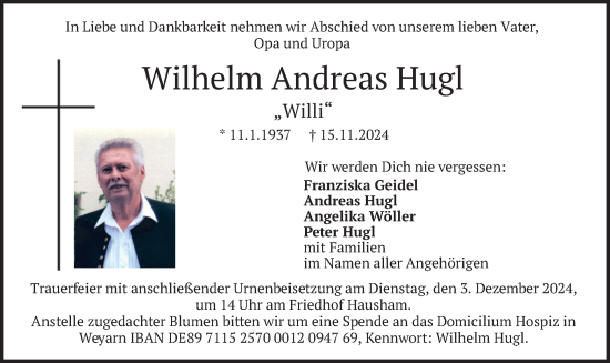 Todesanzeige von Wilhelm Andreas Hugl von merkurtz