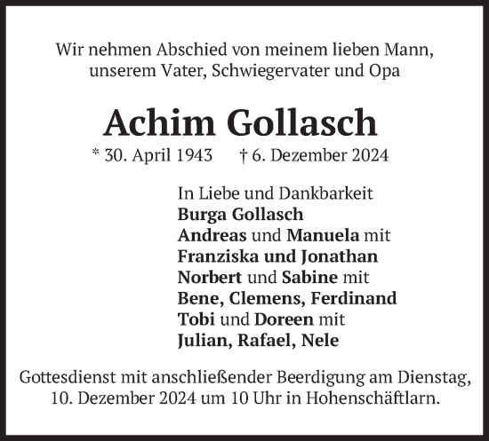 Todesanzeige von Achim Gollasch von merkurtz