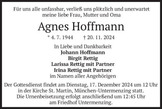 Todesanzeige von Agnes Hoffmann von merkurtz