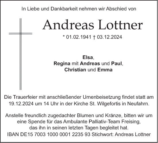 Todesanzeige von Andreas Lottner von merkurtz