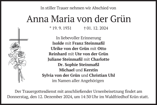 Todesanzeige von Anna Maria von der Grün von merkurtz