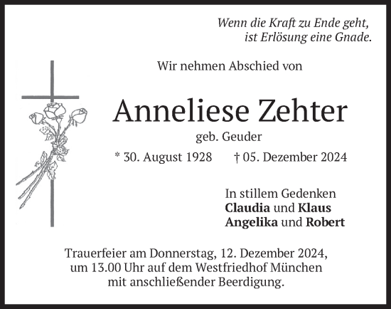 Todesanzeige von Anneliese Zehter von merkurtz