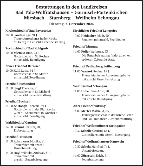 Todesanzeige von Bestattungen vom 03.12.2024 von merkurtz