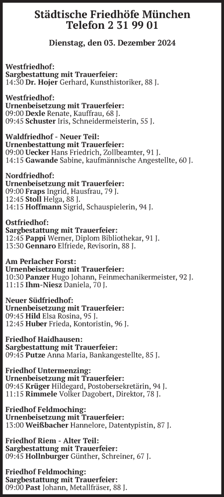 Todesanzeige von Bestattungen vom 03.12.2024 von merkurtz
