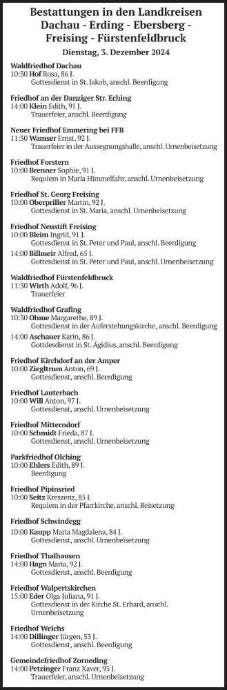Todesanzeige von Bestattungen vom 03.12.2024 von merkurtz