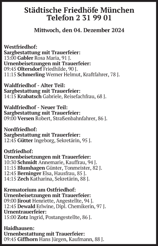 Todesanzeige von Bestattungen vom 04.12.2024 von merkurtz