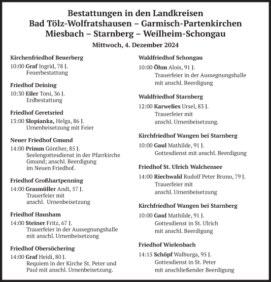 Todesanzeige von Bestattungen vom 04.12.2024 von merkurtz
