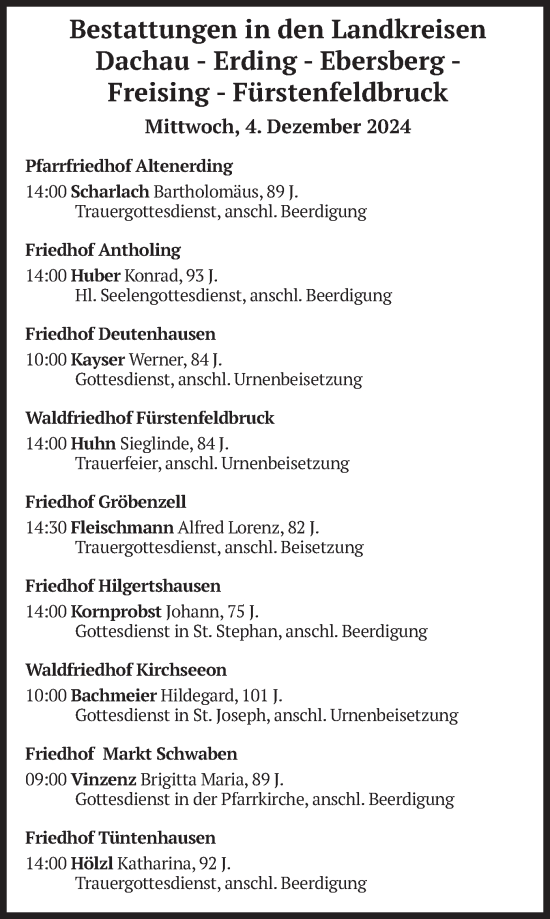 Todesanzeige von Bestattungen vom 04.12.2024 von merkurtz