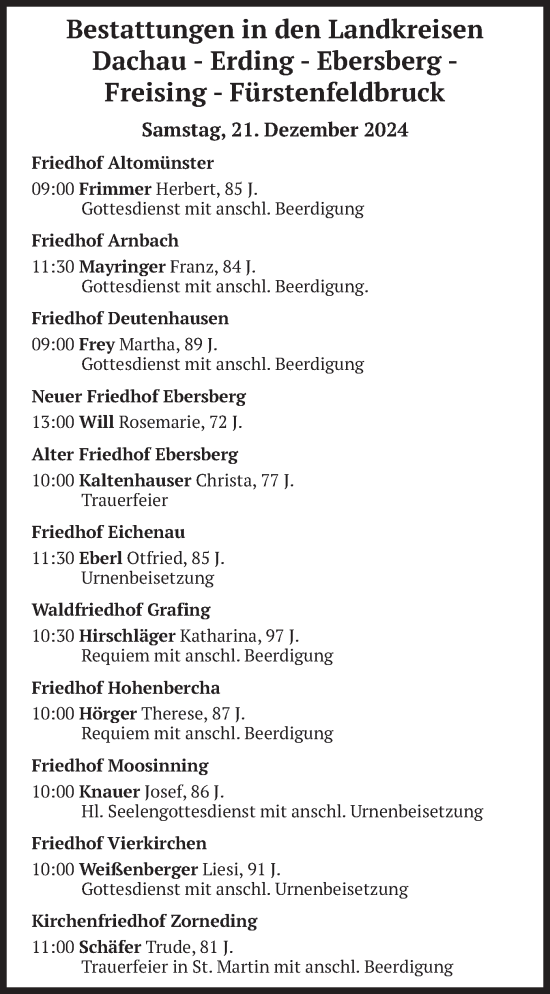 Todesanzeige von Bestattungen vom 21.12.2024 von merkurtz