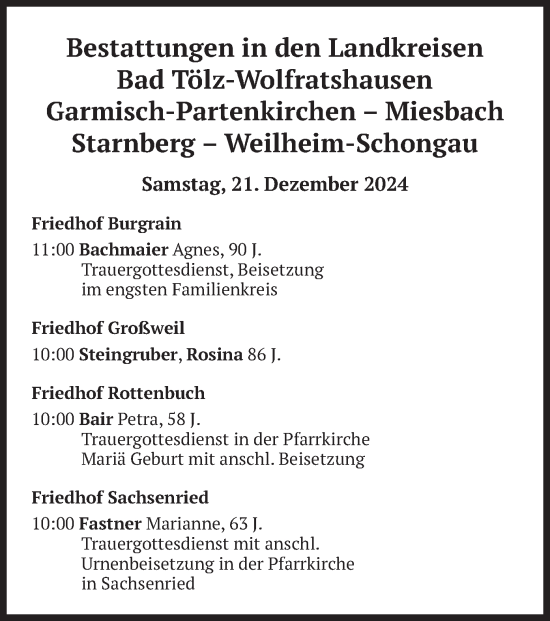Todesanzeige von Bestattungen vom 21.12.2024 von merkurtz