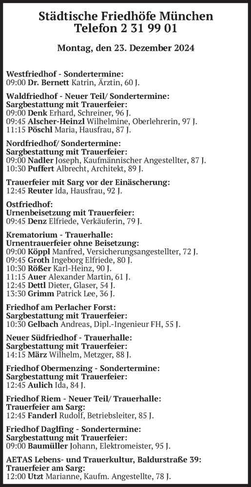 Todesanzeige von Bestattungen vom 23.12.2024 von merkurtz
