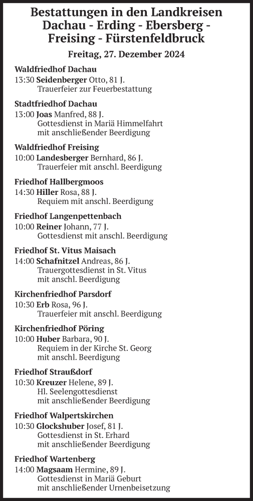 Todesanzeige von Bestattungen vom 27.12.2024 von merkurtz