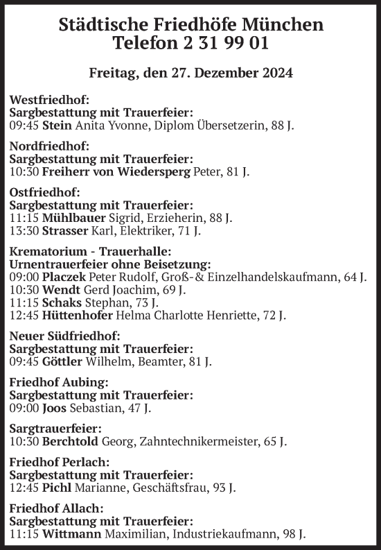 Todesanzeige von Bestattungen vom 27.12.2024 von merkurtz