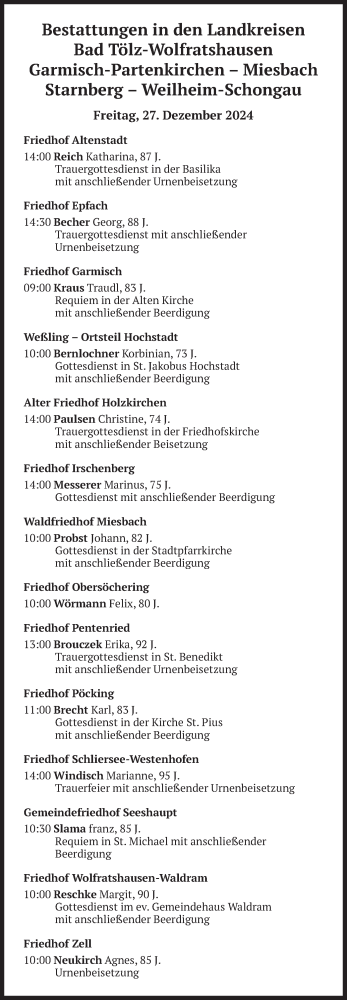 Todesanzeige von Bestattungen vom 27.12.2024 von merkurtz