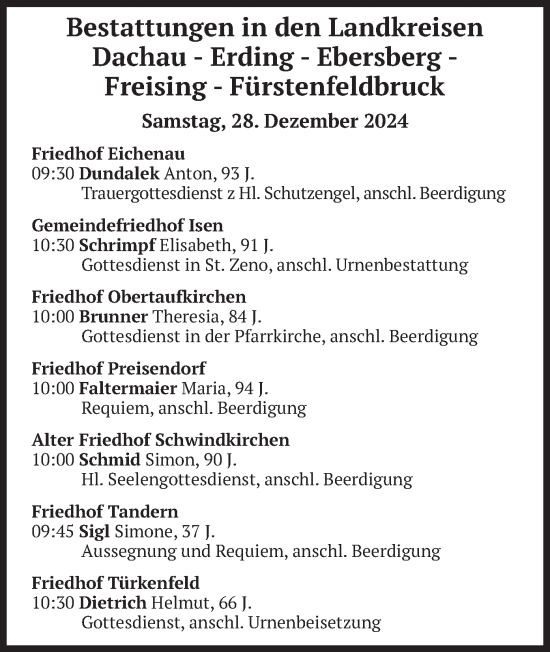 Todesanzeige von Bestattungen vom 28.12.2024 von merkurtz