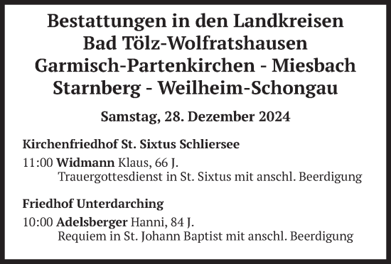 Todesanzeige von Bestattungen vom 28.12.2024 von merkurtz