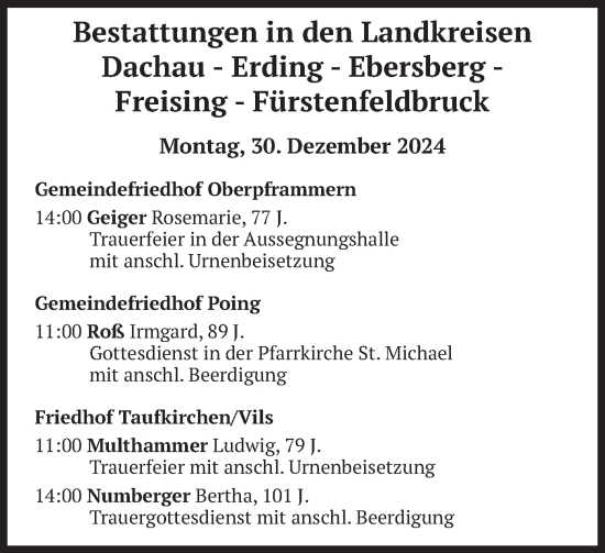 Todesanzeige von Bestattungen vom 30.12.2024 von merkurtz