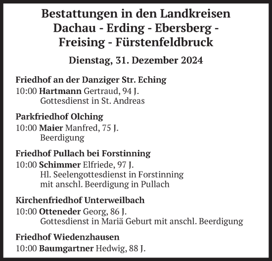Todesanzeige von Bestattungen vom 31.12.2024 von merkurtz