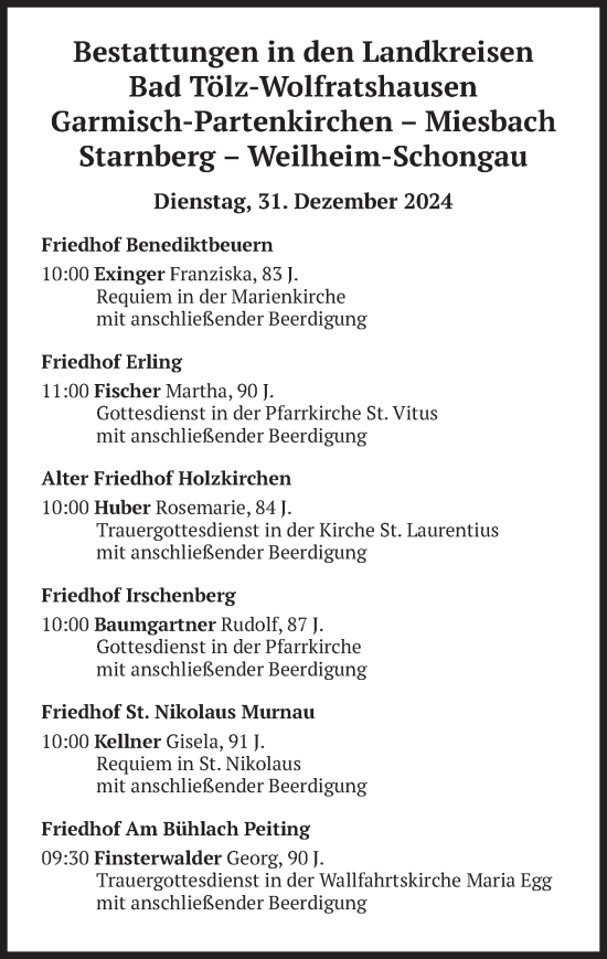 Todesanzeige von Bestattungen vom 31.12.2024 von merkurtz