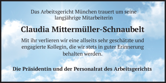 Todesanzeige von Claudia Mittermüller-Schnaubelt von merkurtz