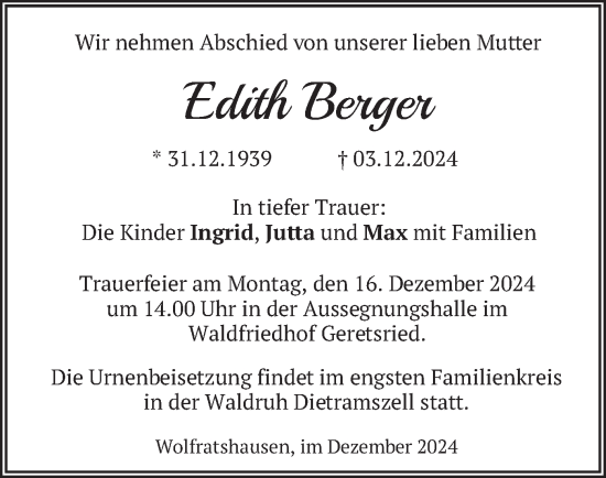 Todesanzeige von Edith Berger von merkurtz