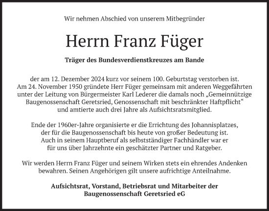 Todesanzeige von Franz Füger von merkurtz