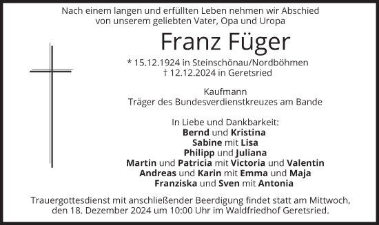 Todesanzeige von Franz Füger von merkurtz