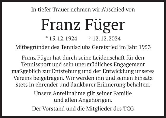 Todesanzeige von Franz Füger von merkurtz
