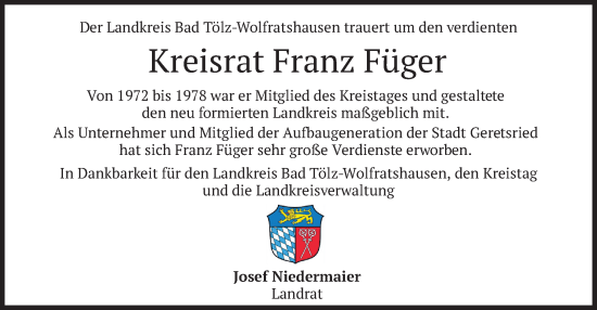 Todesanzeige von Franz Füger von merkurtz