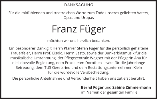 Todesanzeige von Franz Füger von merkurtz