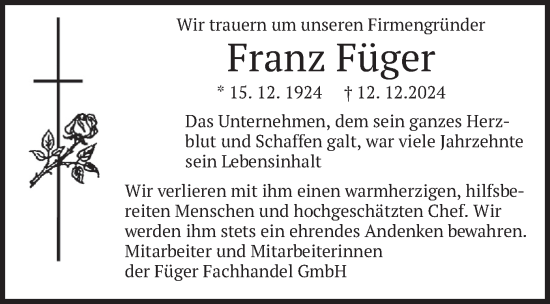Todesanzeige von Franz Füger von merkurtz